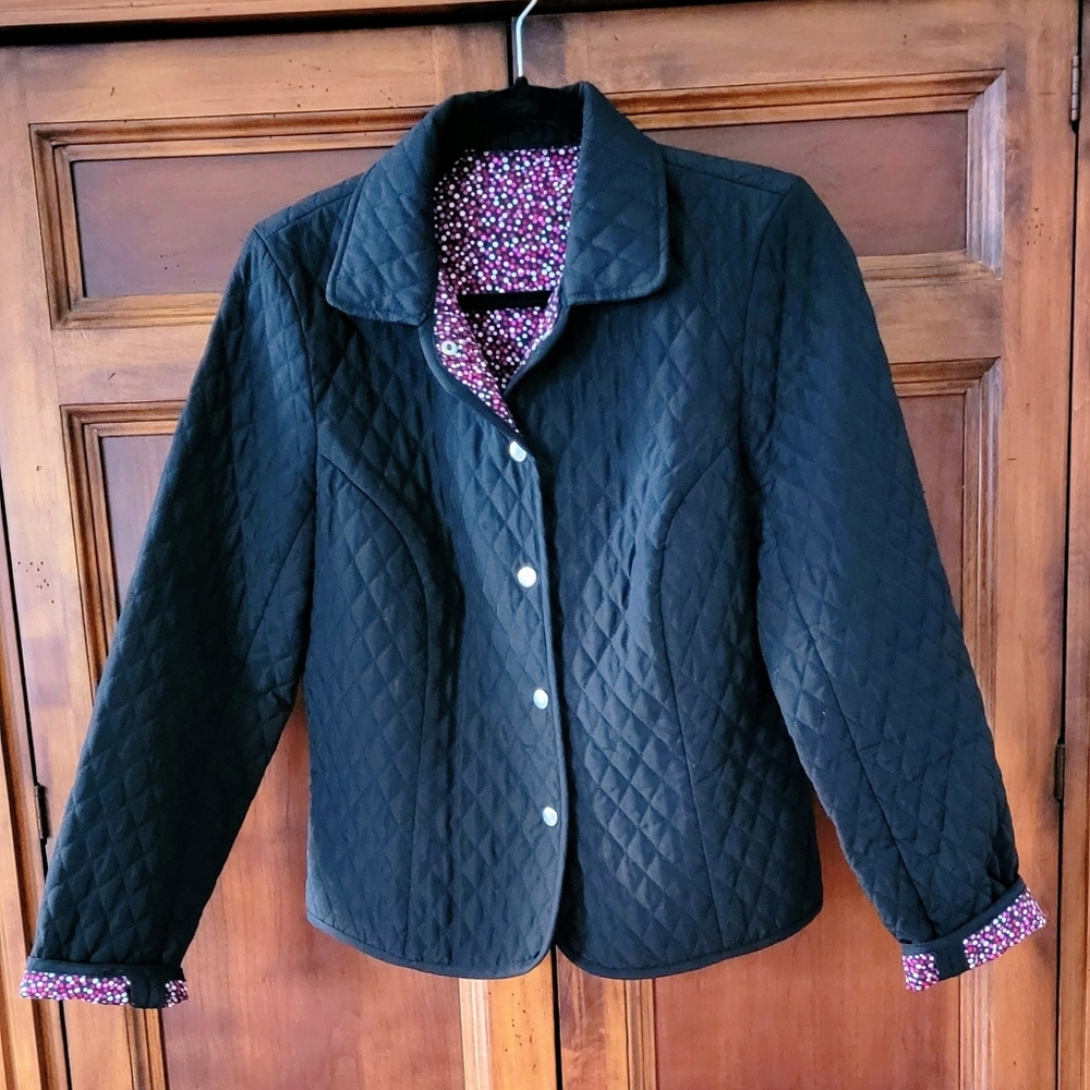 Womens Tara Jones Black Quilted Jacket Snap Front Lined - Size 12P
